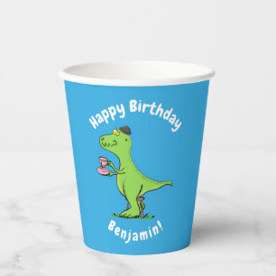 Gobelets En Papier Caricature de dinosaure vert t rex
