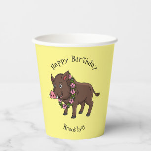 Gobelets En Papier Caricature mignonne sanglier et fleurs