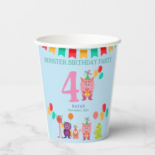 Gobelets En Papier Caricature monstre mignon de lille fête d'annivers (Verso)