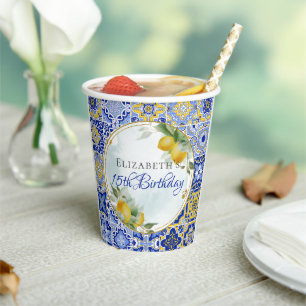 Gobelets En Papier Carreaux bleu italien Citrons Gold Parties scintil