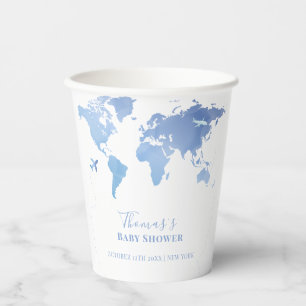 Gobelets En Papier Carte du monde bleu Voyage Baby shower d'aventure