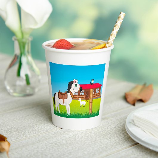 Gobelets En Papier Cartoon Farm Scène avec Cheval Chat et Chèvre
