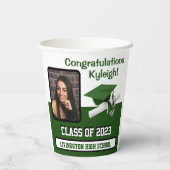 Gobelets En Papier Casquette & Diplôme, Green & White Graduation (Verso)