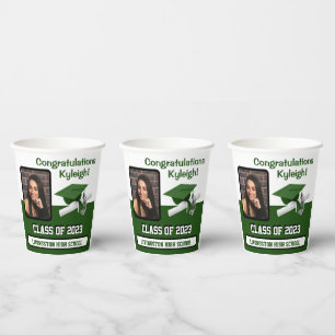 Gobelets En Papier Casquette & Diplôme, Green & White Graduation