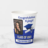 Gobelets En Papier Casquette & Diplôme, Royal Blue & White Graduation (Verso)