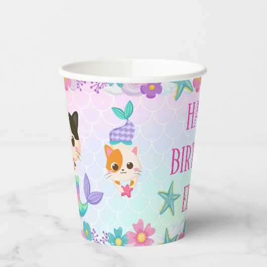 Gobelets En Papier Cat Meowmaid Fille Sirène Fête d'anniversaire (Gauche)
