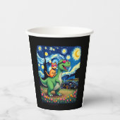 Gobelets En Papier Cat Riding Dinosaur T-Rex Starry Night Cat Lover ( (Recto)