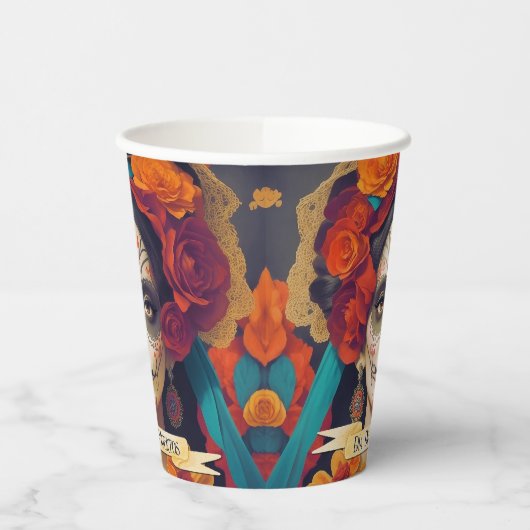 Gobelets En Papier Catrina Day Of Dead 1 Avec Texte (Gauche)