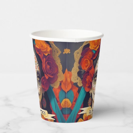 Gobelets En Papier Catrina Day Of Dead 1 Avec Texte (Droite)