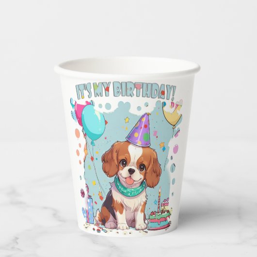 Gobelets En Papier Cavalier King Charles Pastel C'est mon anniversair (Recto)