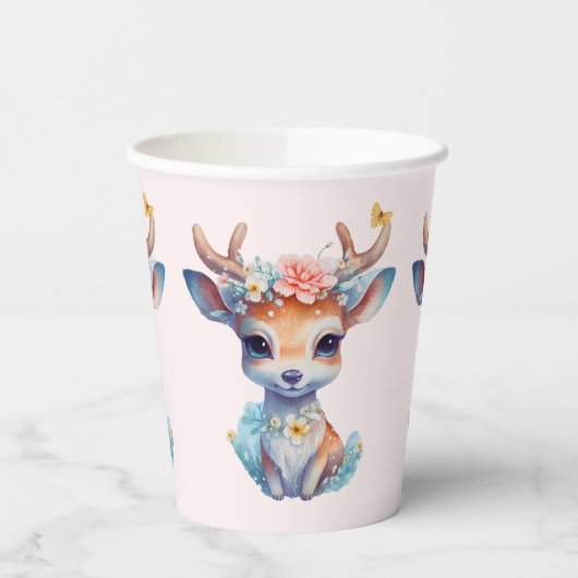 Gobelets En Papier Cerf de Bébé mignon avec Antlers et Fleurs (Gauche)