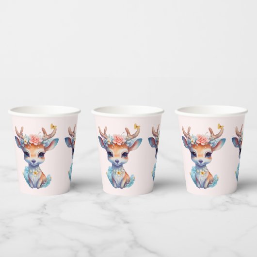 Gobelets En Papier Cerf de Bébé mignon avec Antlers et Fleurs (Multi)