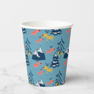 Gobelets En Papier Cerf de Noël, arbres de Noël, montagnes
