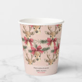 Gobelets En Papier Cerf mignon avec Bow rouge | Noël rose (Verso)