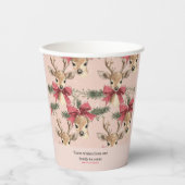Gobelets En Papier Cerf mignon avec Bow rouge | Noël rose (Recto)