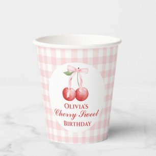 Gobelets En Papier Cerise Douce anniversaire Ruban Rose Gingham