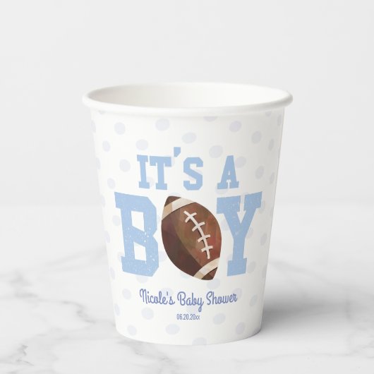 Gobelets En Papier C'est un garçon ! Baby shower de football bleu (Verso)