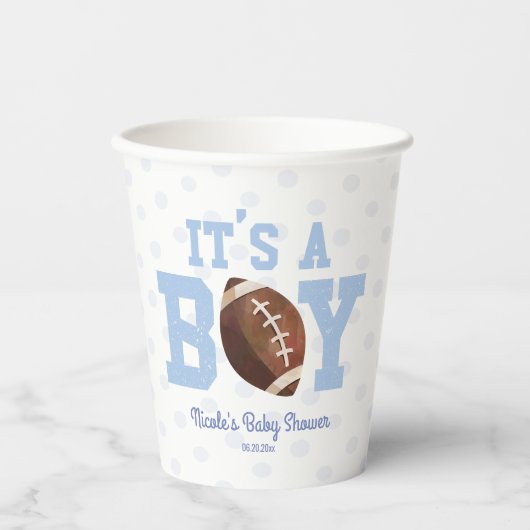Gobelets En Papier C'est un garçon ! Baby shower de football bleu (Recto)
