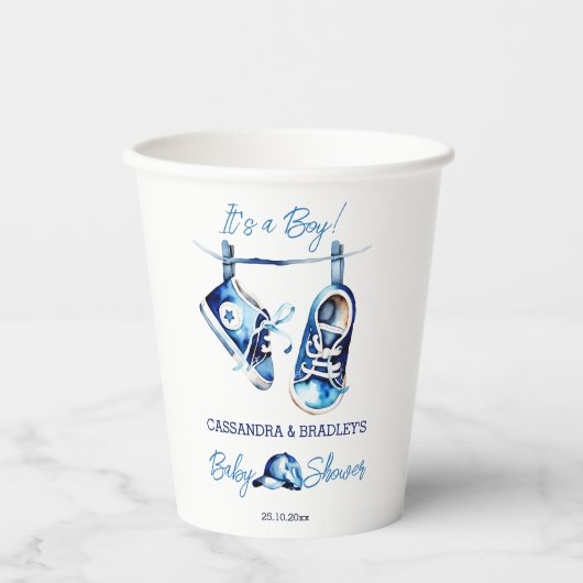 Gobelets En Papier C'est un garçon bleu bébé sport chaussures casquet (Recto)