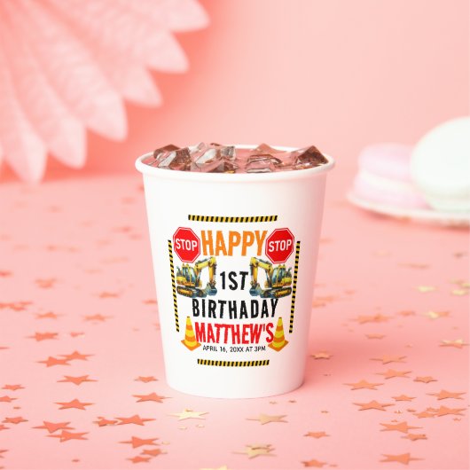 Gobelets En Papier Chariot de construction 1ère fête d'anniversaire (Insitu)