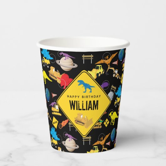 Gobelets En Papier Chariots de construction Dinosaures dans l'espace (Verso)