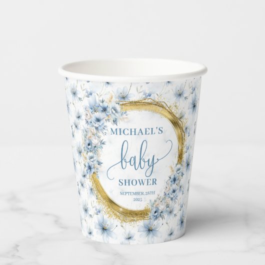 Gobelets En Papier Charmant pastel bleu fleurs or garçon baby shower (Verso)