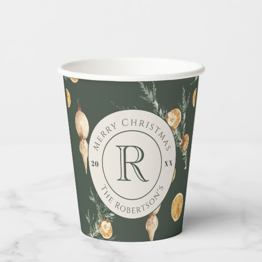 Gobelets En Papier Charmante forêt de Noël Monogramme vert (Verso)