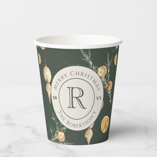 Gobelets En Papier Charmante forêt de Noël Monogramme vert (Recto)