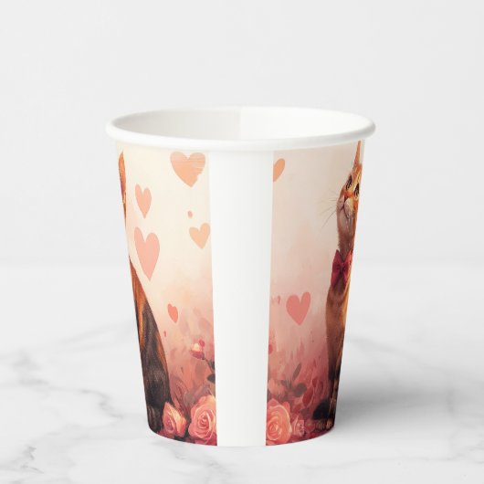 Gobelets En Papier Chat abyssinien avec Rose - Saint Valentin (Gauche)