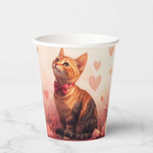 Gobelets En Papier Chat abyssinien avec Rose - Saint Valentin (Recto)