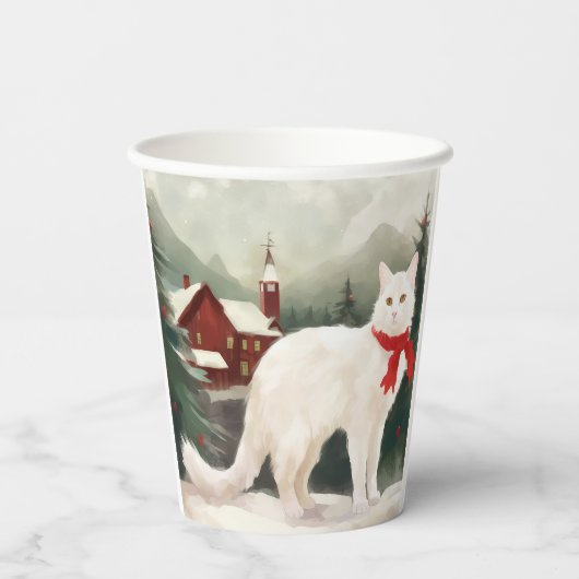 Gobelets En Papier Chat Angora turc en Noël de neige (Verso)