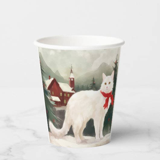 Gobelets En Papier Chat Angora turc en Noël de neige (Recto)