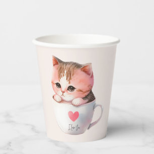 Gobelets En Papier Chat blanc-rose mignonne dans une tasse de thé (2)
