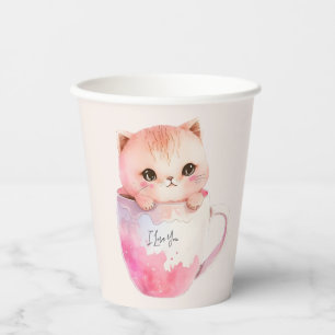 Gobelets En Papier Chat blanc-rose mignonne dans une tasse de thé (2)
