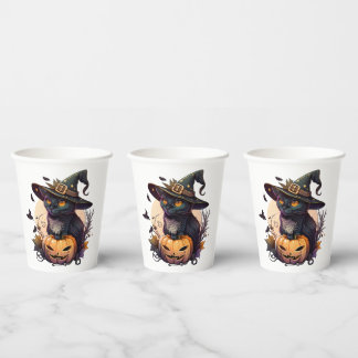 Gobelets En Papier Chat de sorcière pour Halloween