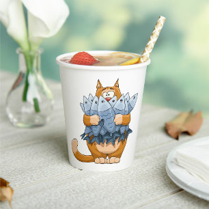 Gobelets En Papier Chat Drôle Tenant un Poisson Dessin Animé Kitty Af