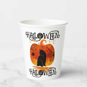 GOBELETS EN PAPIER CHAT NOIR CITROUILLE D'HALLOWEEN HALLOWEEN