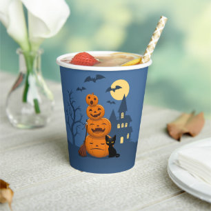 Gobelets En Papier Chat noir d'Halloween et citrouilles