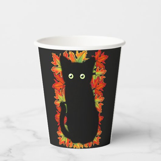 Gobelets En Papier Chat noir, Feuilles d'automne motif, Halloween amu (Recto)