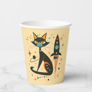 Gobelets En Papier Chat noir rétro MCM vaisseau spatial étoiles planè
