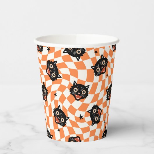 Gobelets En Papier Chat noir rétro Motif chèque orange (Gauche)