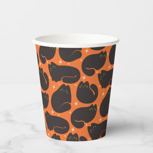 Gobelets En Papier Chat noir rétro sur fond orange (Recto)