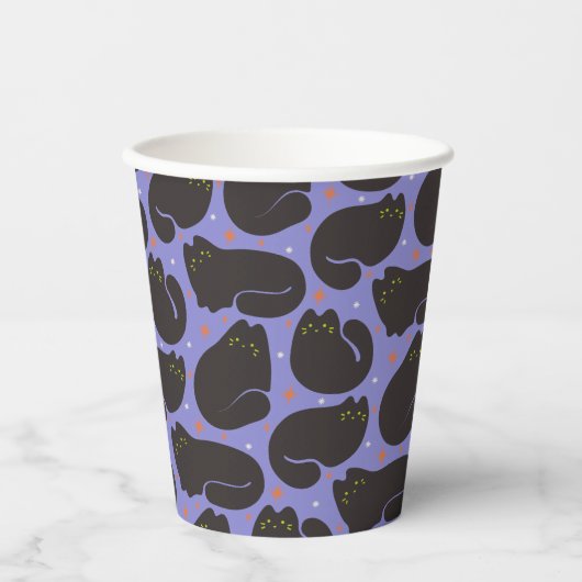 Gobelets En Papier Chat noir rétro sur fond violet (Recto)