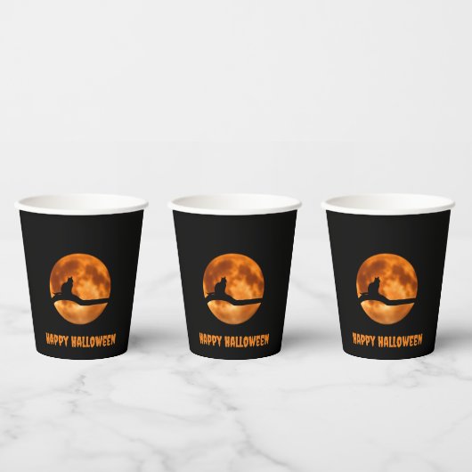 Gobelets En Papier Chat noir sous la lune orange (Multi)