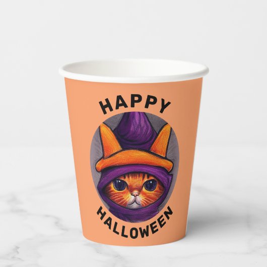 Gobelets En Papier Chat orange avec sorcière violette Casquette Hallo (Verso)