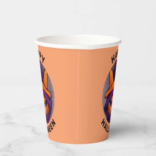Gobelets En Papier Chat orange avec sorcière violette Casquette Hallo (Droite)
