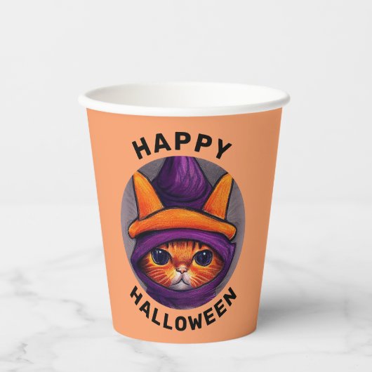 Gobelets En Papier Chat orange avec sorcière violette Casquette Hallo (Recto)