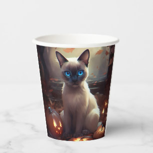Gobelets En Papier Chat siamois Halloween avec citrouilles effrayant