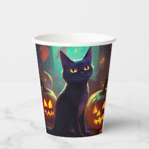 Gobelets En Papier Chat Tuxedo d'Halloween avec citrouilles effrayant