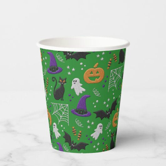Gobelets En Papier Chats noirs Fantômes chauves-souris Motif vert Hal (Verso)